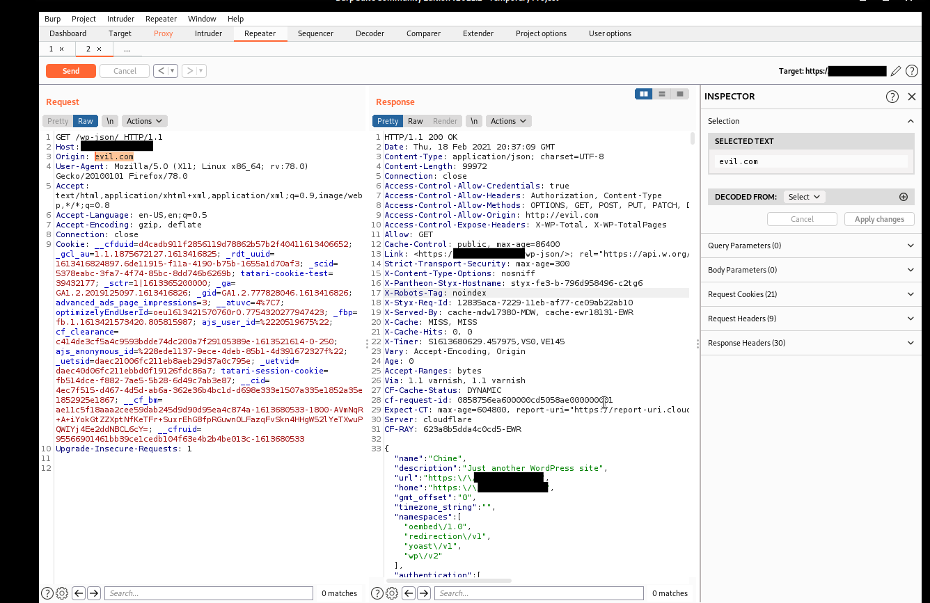 CORS misconfiguration showing reflected origin in response headers
