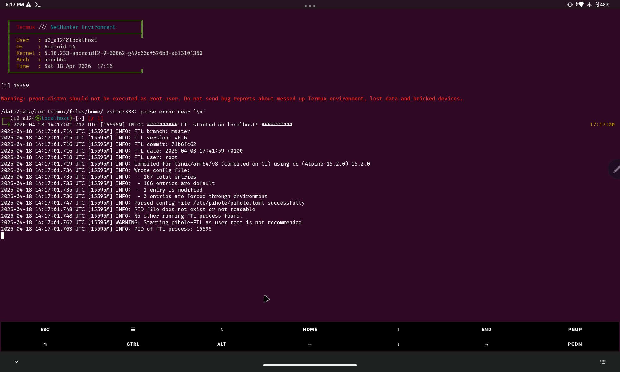Full FTL boot log showing version 6.6 compiled for linux/arm64