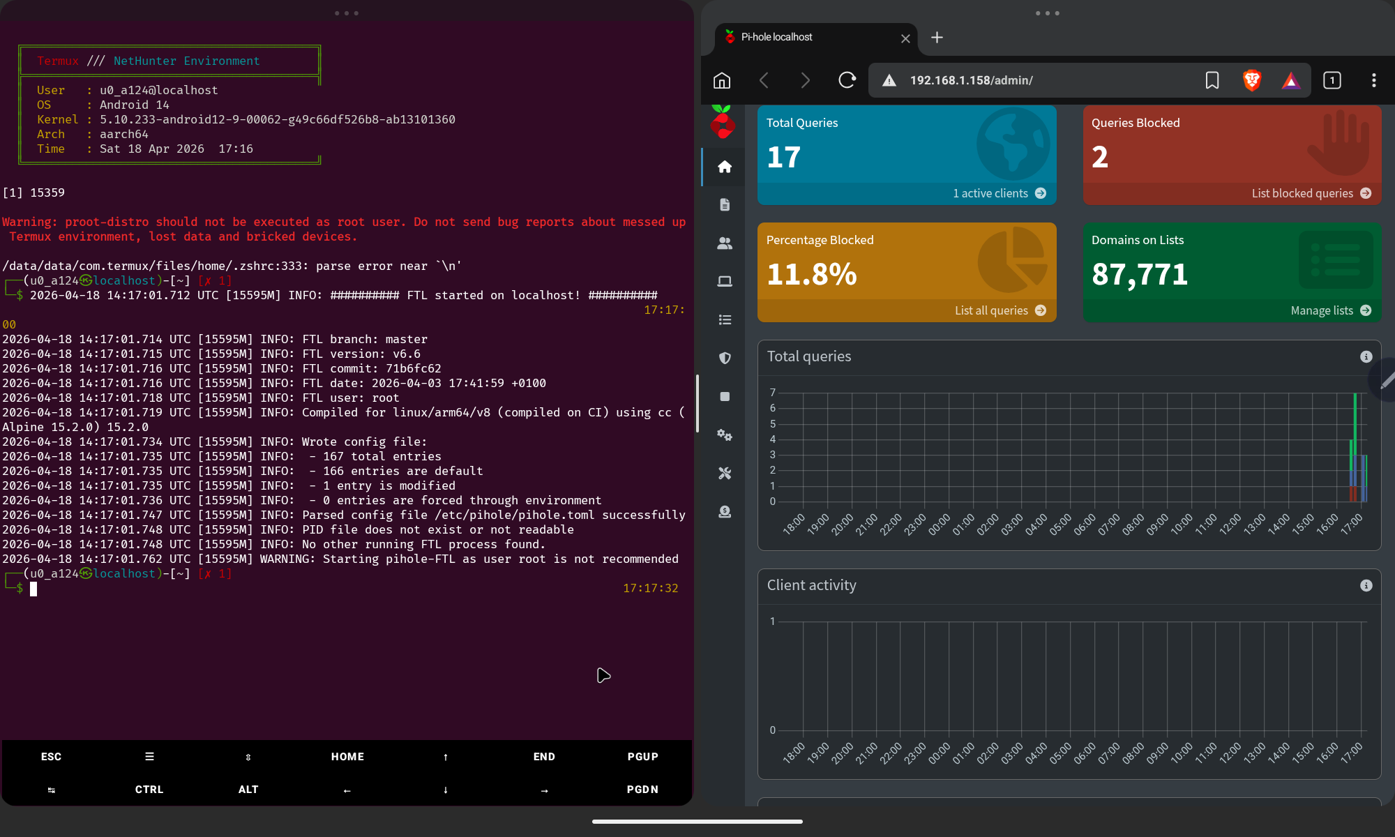 Pi-hole v6 admin dashboard showing 87771 domains blocked, running on Android
