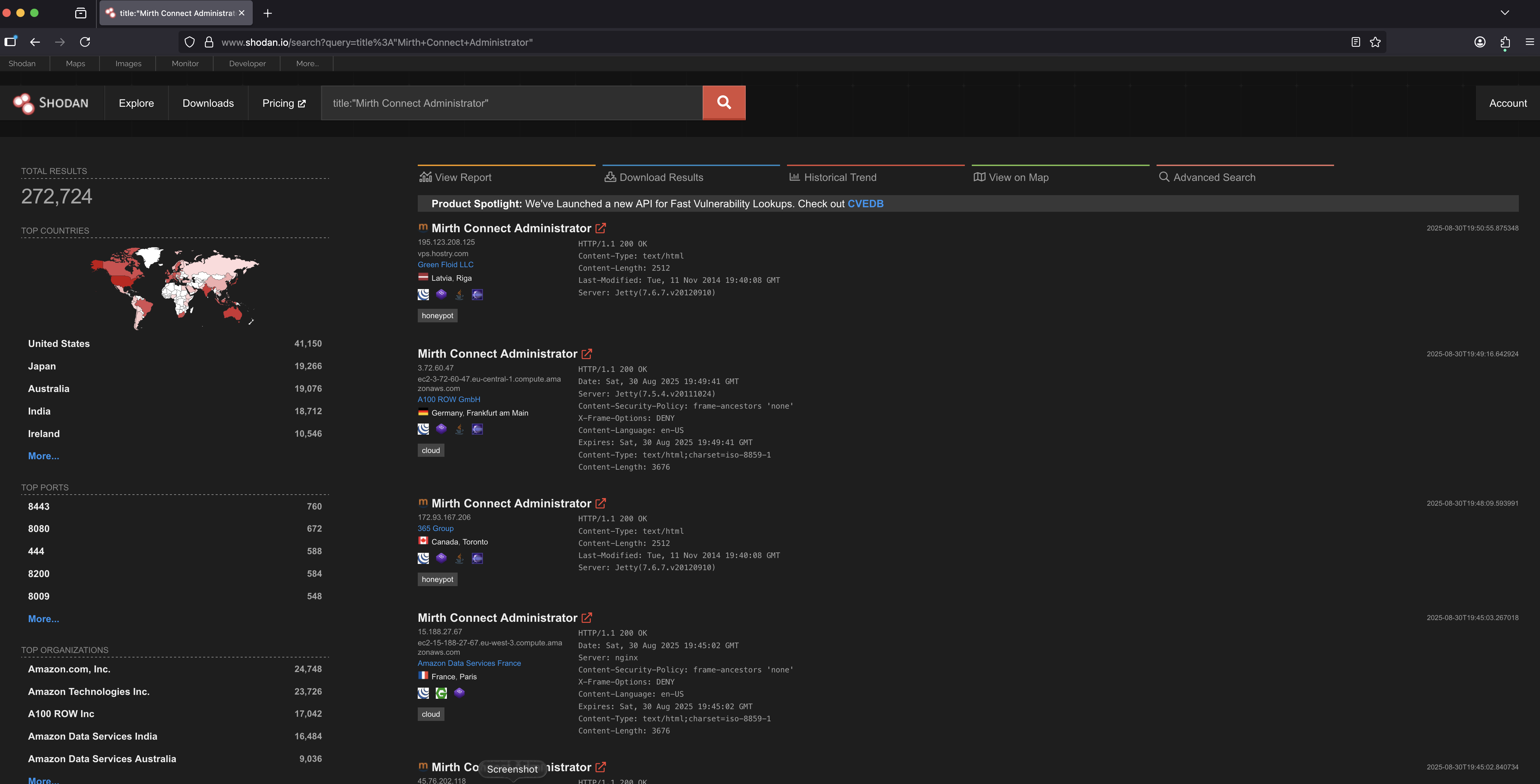 Shodan results for Mirth Connect instances
