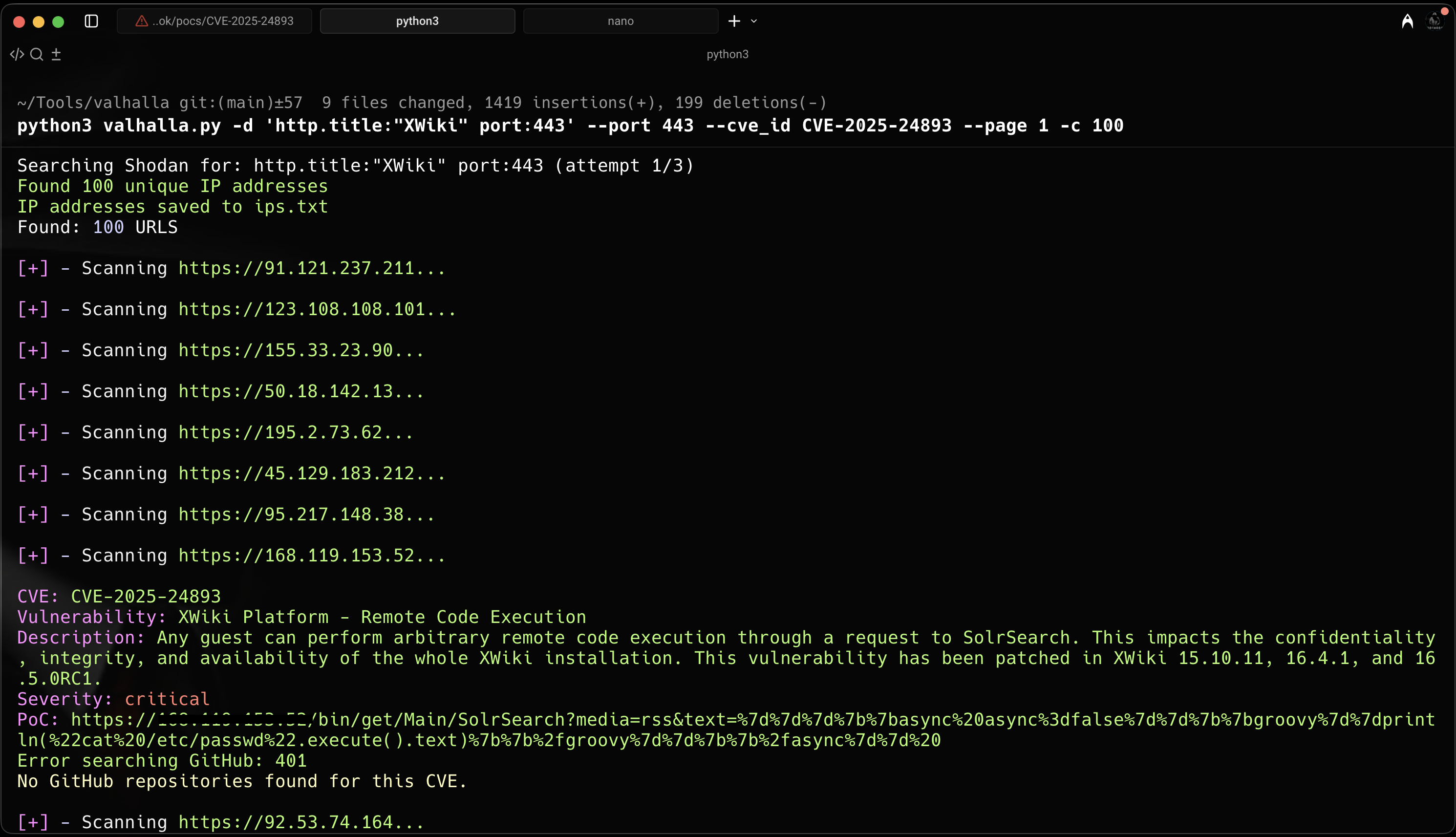 Valhalla scan results for vulnerable XWiki instances
